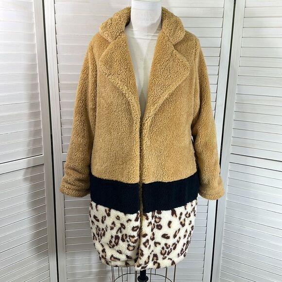 K. Jordan Sherpa Teddy Coat Size XL Color Block Animal Print - Picture 2 of 10